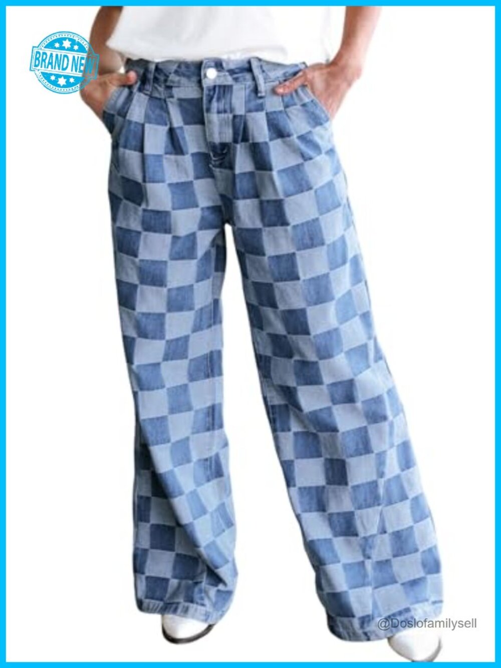 High Waisted Wide Leg Checkered Plaid Jeans Zip Up Pockets
